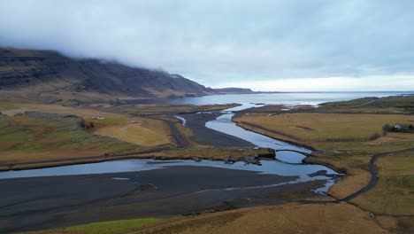 aerial flying over gullfoss outskirts on cloudy day, iceland