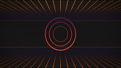 animation of pink neon flickering circles over glowing yellow to purple grid