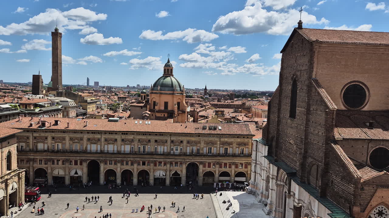 Aerial cityscape view of Due Torri, Asinelli and Garisenda, the Two Towers in Bologna, Italy