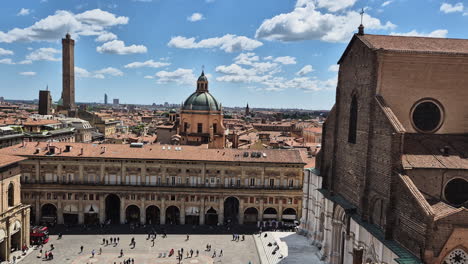 aerial cityscape view of due torri, asinelli and garisenda, the two towers in bologna, italy