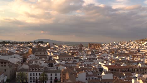 Incredible-sunset-panorama-pan-over-Antequera-city-in-Andalusia,-Spain