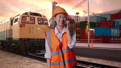 asian female engineer with safety helmet talking on smartphone with freight cargo train at port