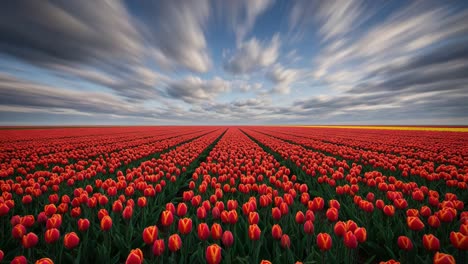 a mesmerizing display of vibrant tulip fields stretches endlessly under a dramatic sky, showcasing the beauty of nature and the vibrant colors of springtime blooms