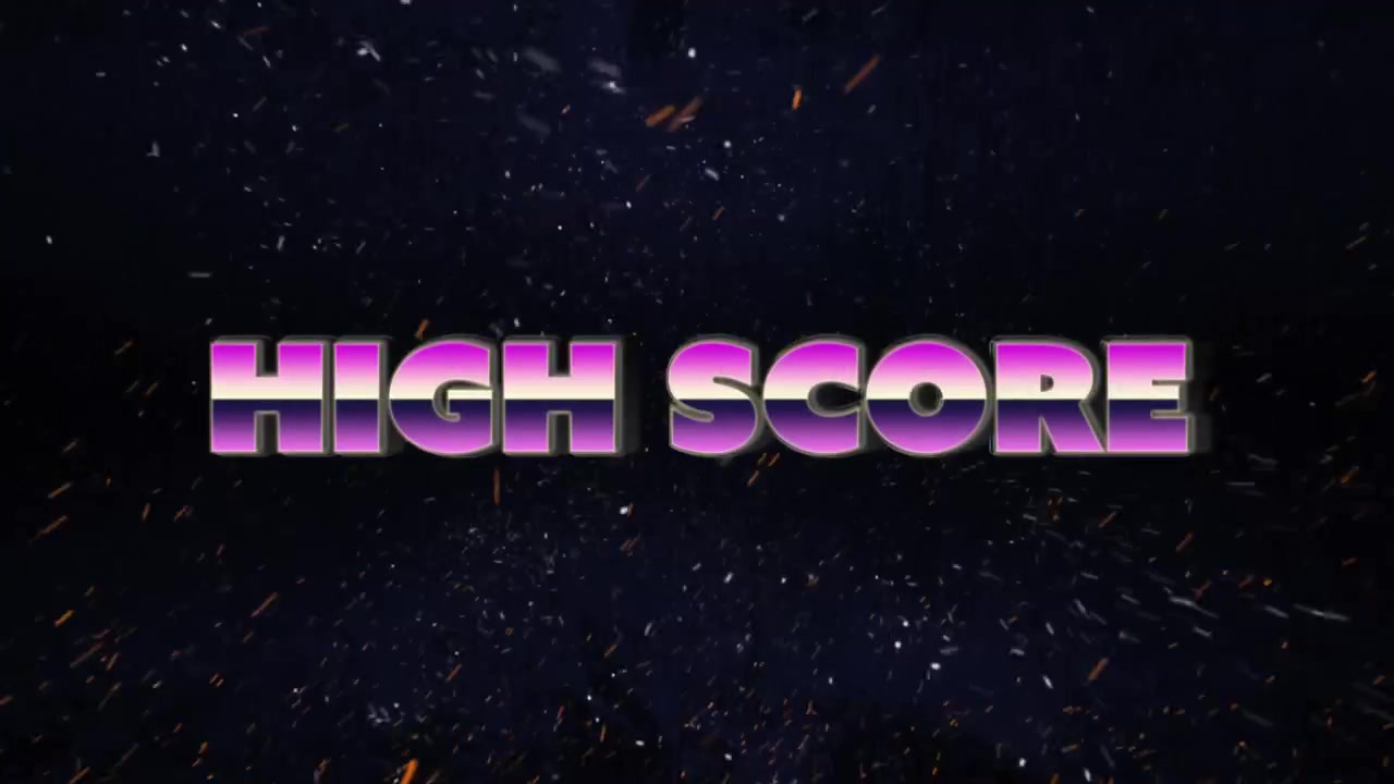 Animation of high score text banner against brown particles flying on black background