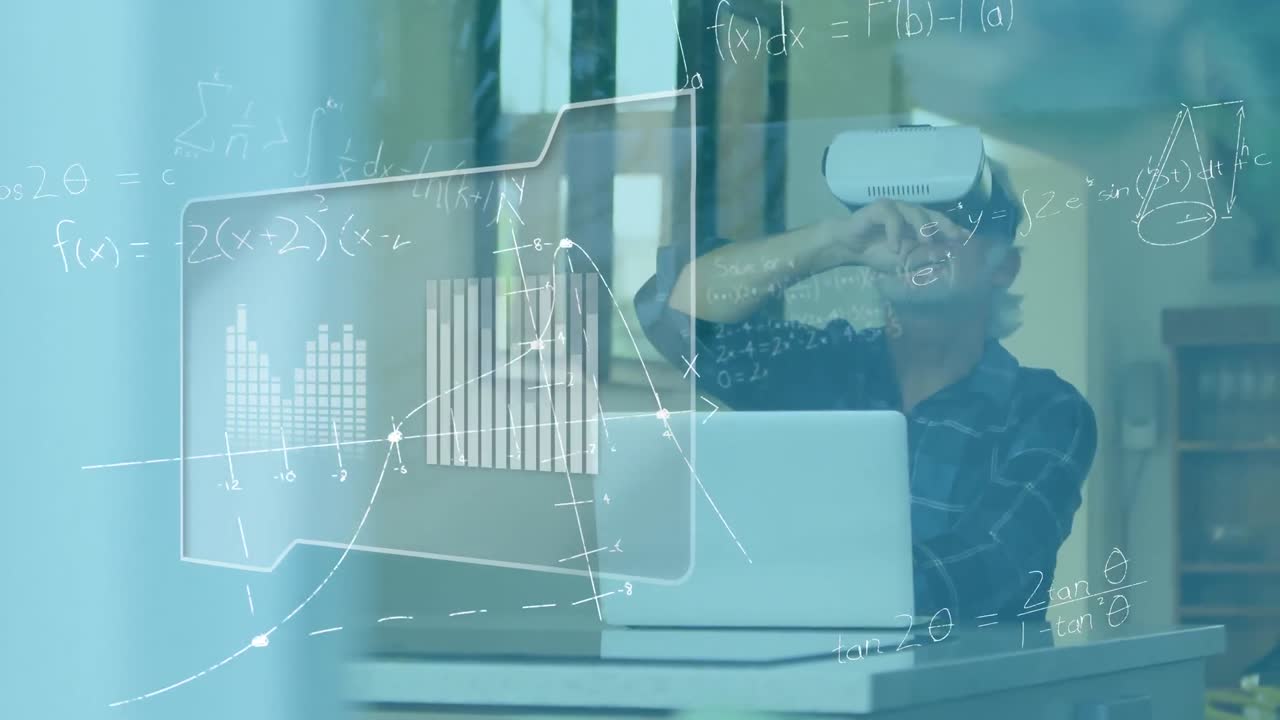 vr 헤드 ⁇ 을 착용하고 수학 방정식을 사용하는 백인 남자의 애니메이션