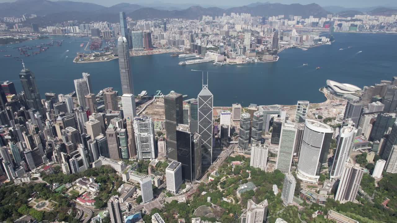 hong kong, centro, distrito financiero punto de vista de avión no tripulado