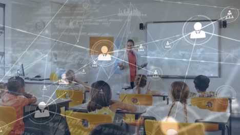 Animation-of-network-of-connections-over-diverse-group-of-pupils-with-female-teacher