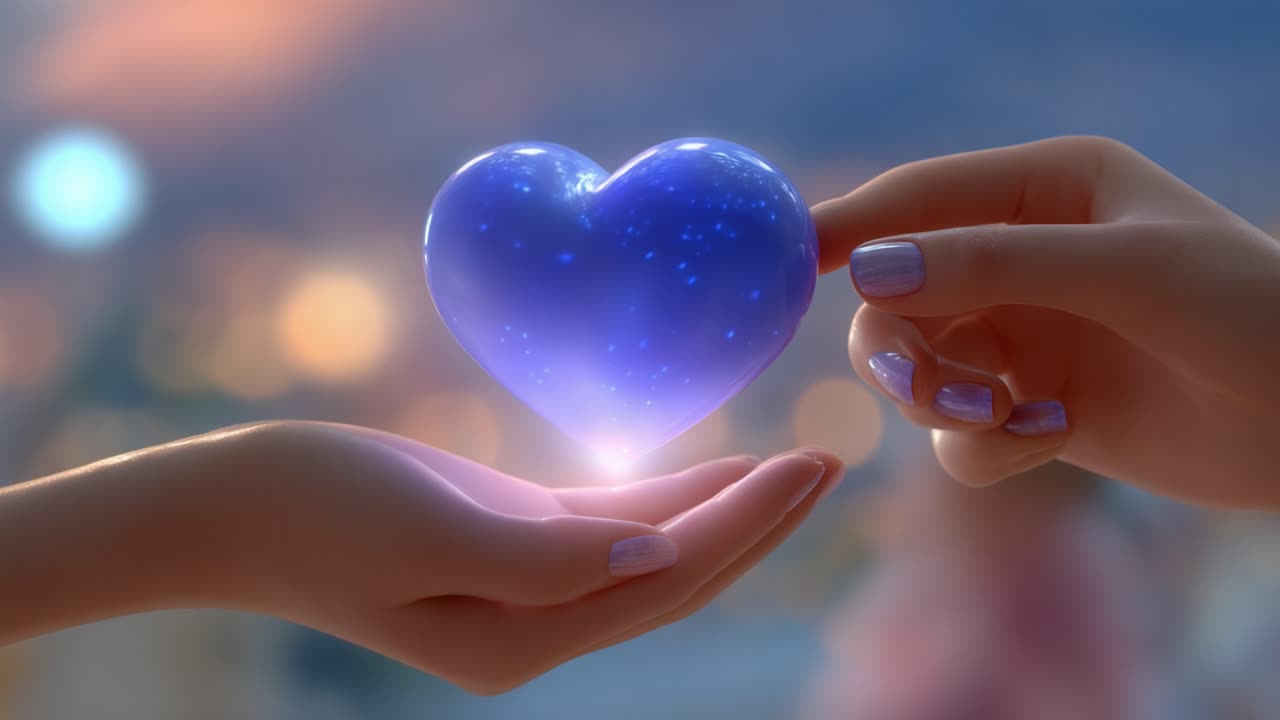 A Magical Connection: Two Hands Gently Exchange a Glowing Heart, Symbolizing Love, Hope, and Unity Against a Dreamy Background Filled with Soft Lights