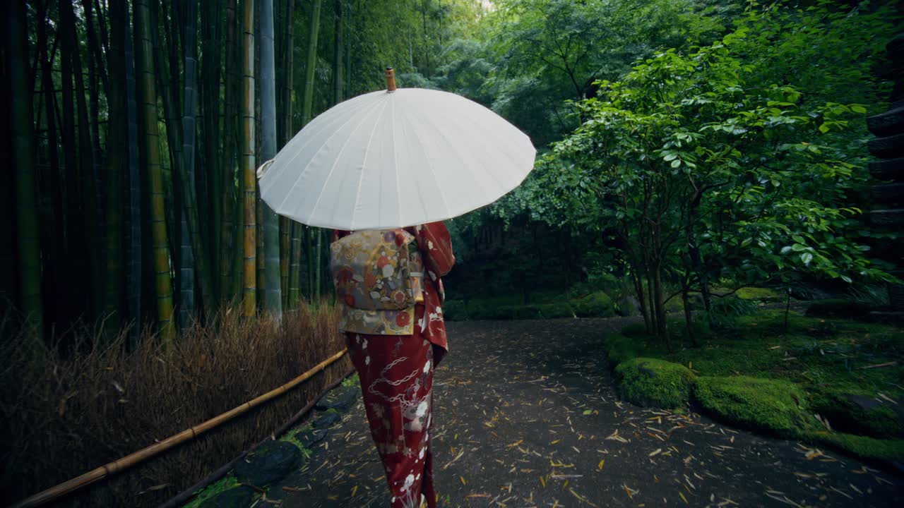Woman in Kimono Walking Through a Japanese Bamboo Forest