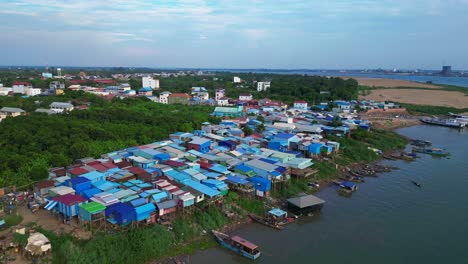 fishing village with colorful shacks along the mekong river in cambodia, a developing country in southeast asia. best aerial view flight panorama orbit drone