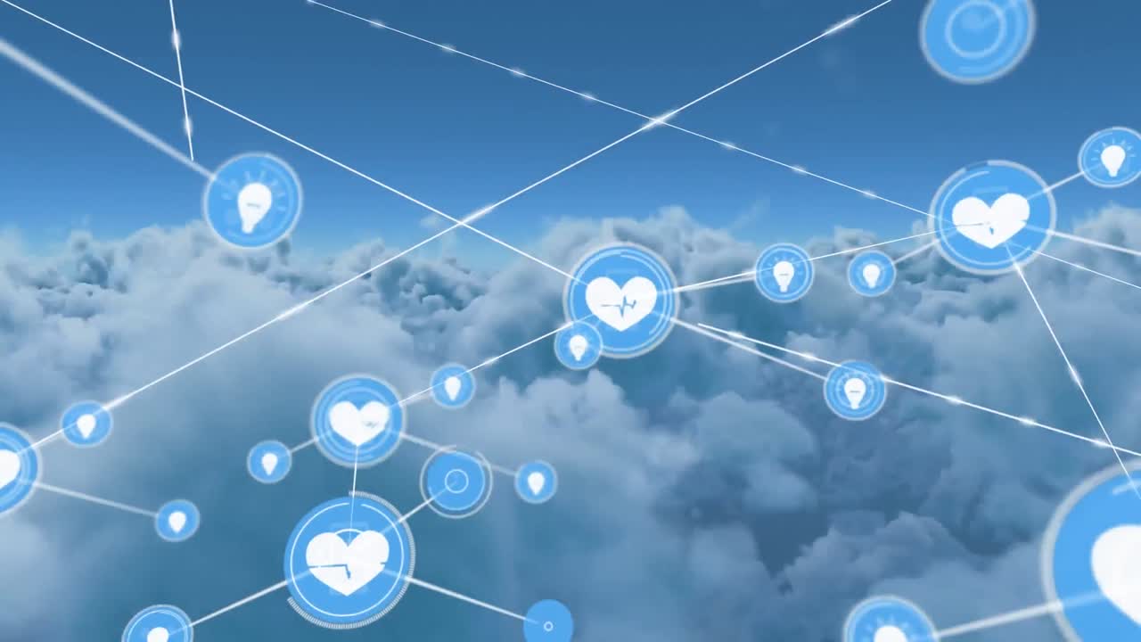 파란 하늘 배경에 있는 심장과 전구 아이콘의 네트워크의 애니메이션