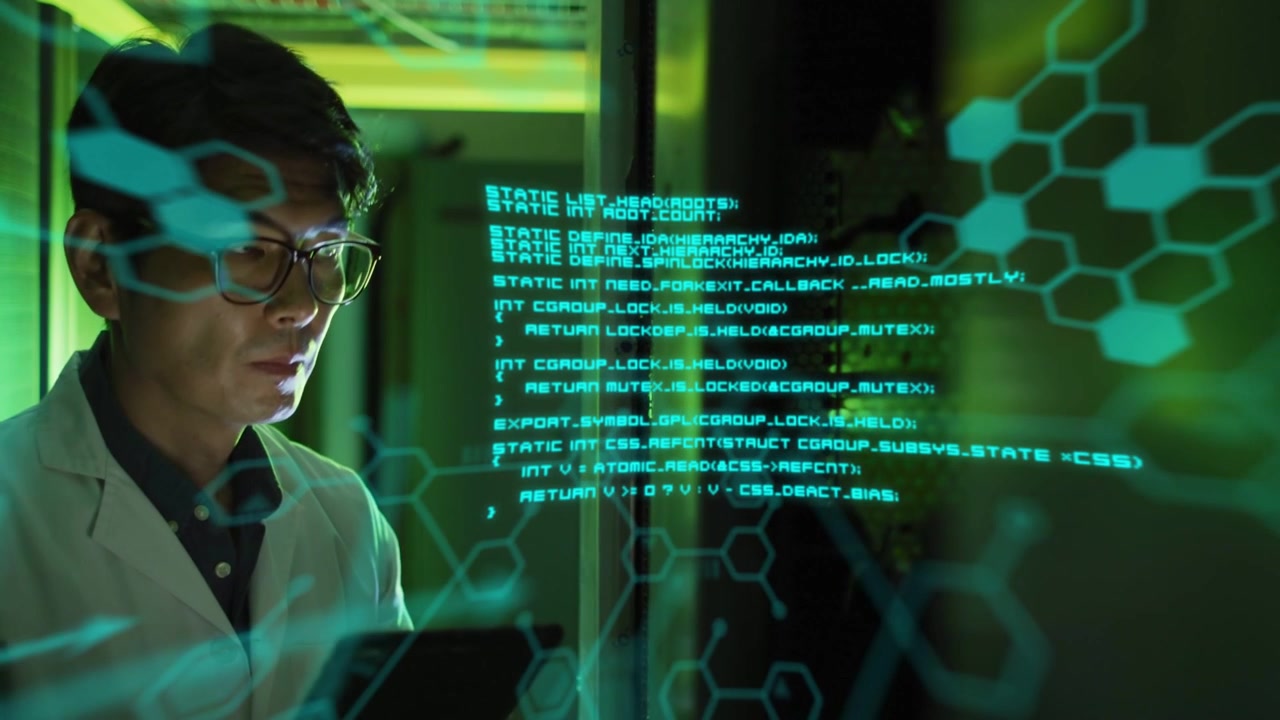 Male technician tapping tablet in datacenter, holo code scrolling over server while checking status