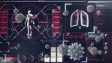 animation of covid 19 cells and data processing over screen