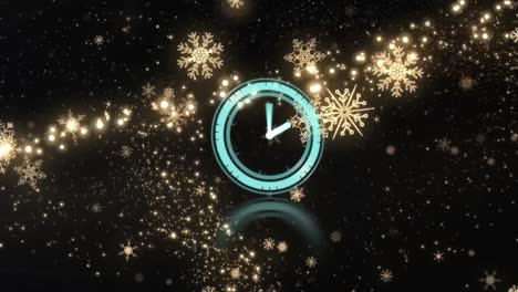 Animation-Der-Uhr,-Mit-Weißem-Feuerwerk-Und-Fallenden-Leuchtenden-Sternen-Auf-Schwarzem-Hintergrund