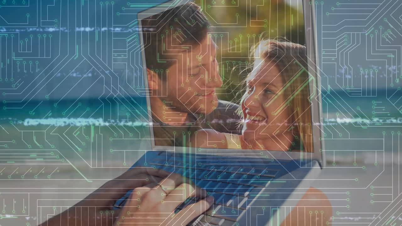 Animation of digital interface over woman using laptop