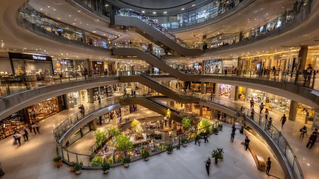 Modern Shopping Mall Interior Featuring Multiple Levels, Curved Staircases, Lush Indoor Landscaping, Elegant Retail Spaces, and a Vibrant Atmosphere for Shoppers