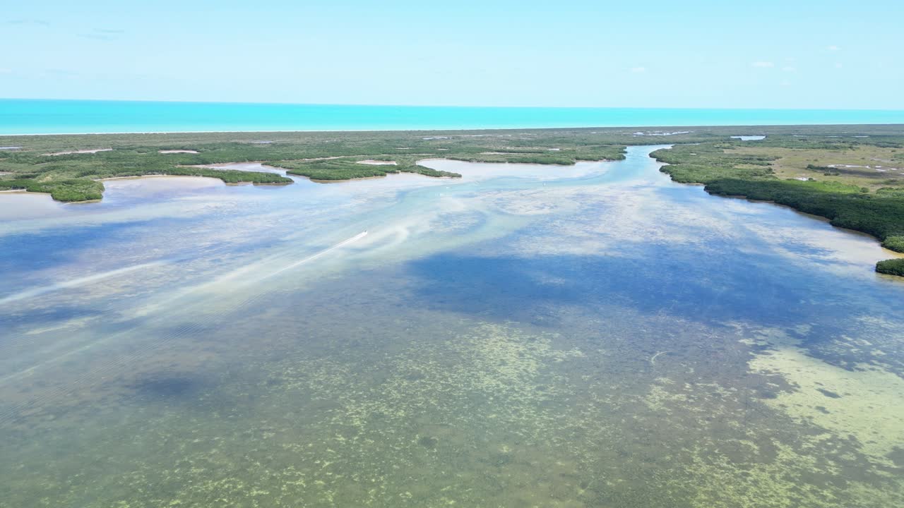 Calm aerial view of the vibrant coastline of Rio Lagartos, Yucatan, Mexico