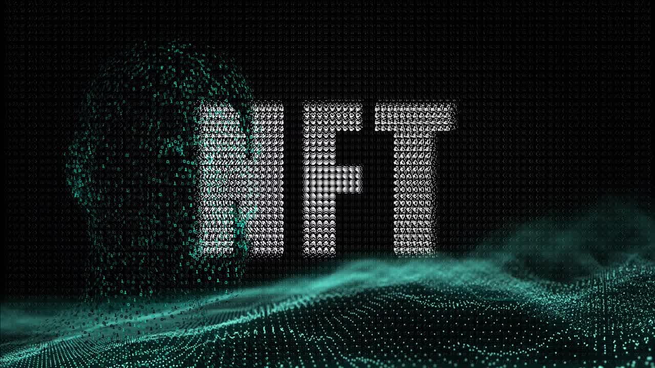 Animation of nft text over dots forming human face and waves against black background