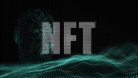 animation of nft text over dots forming human face and waves against black background