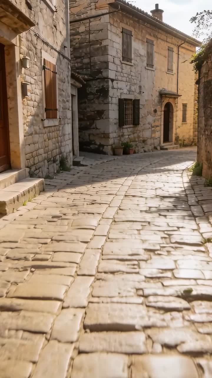 Camera moving forward revealing sunlit cobblestone path highlighting shutters archway for travel ad
