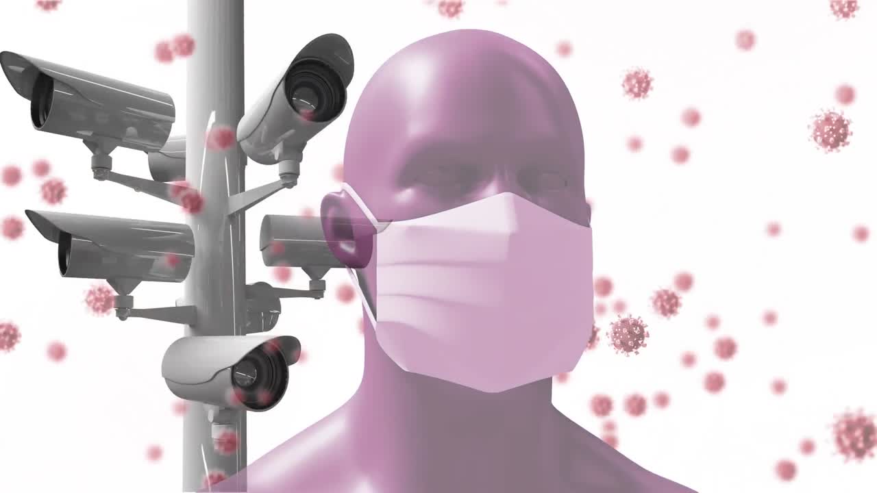 코로나바이러스 세포가 카메라를 통해 확산되고 마스크를 착용한 남자가 지켜보고 있습니다.