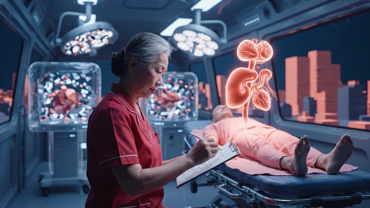 A Medical Professional Observes Patient Data in a Futuristic Ambulance with Holographic Displays Showing Vital Organ Information and Surrounding Cityscape