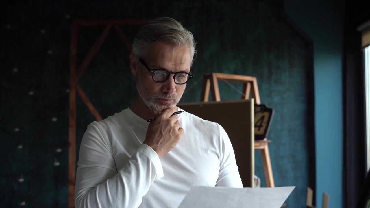 Mature Man Reviewing Documents in Modern Office