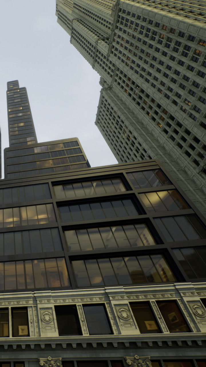 City buildings show design and structure in urban setting at dusk