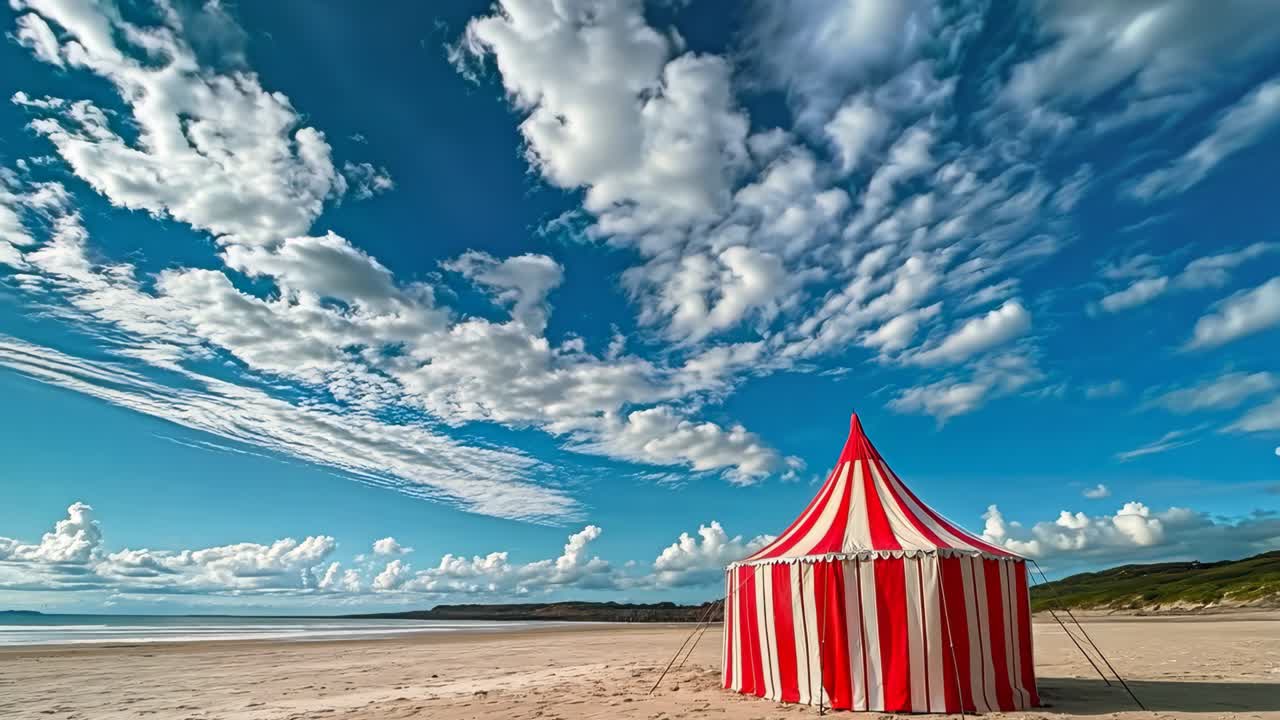 모래 해변 에 있는 빨간색 과 색 줄무 텐트