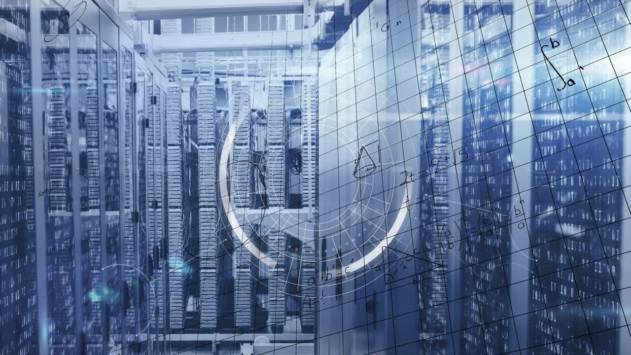Animation of head with heart and data processing over server room