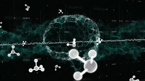 Animation-of-molecules-over-data-processing-and-digital-brain-on-black-background
