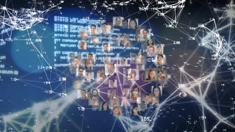 animación del globo de la red de conexiones con fotos de personas y procesamiento de datos
