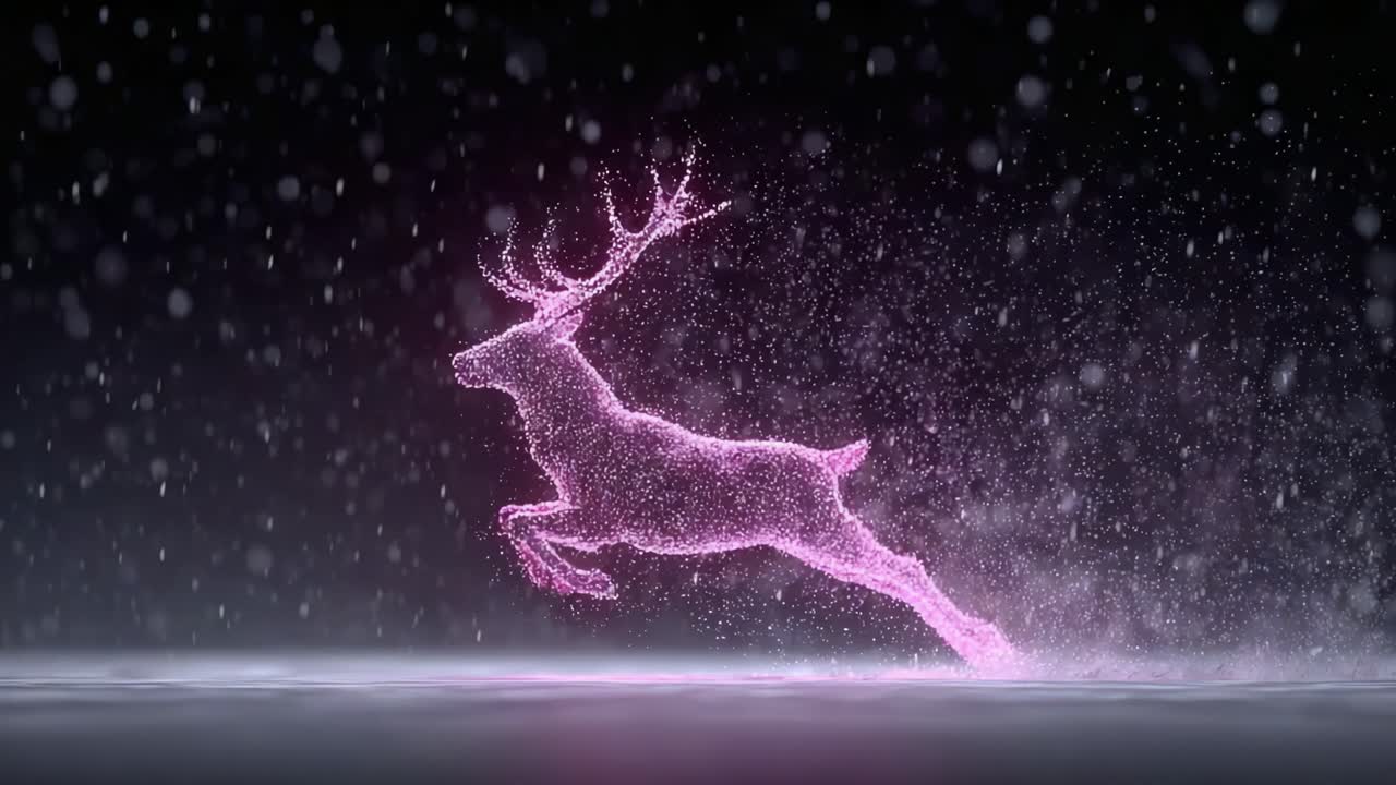 A mesmerizing digital representation of a deer leaping gracefully through a snowy landscape, enhanced with sparkling pink particles that create an ethereal feeling