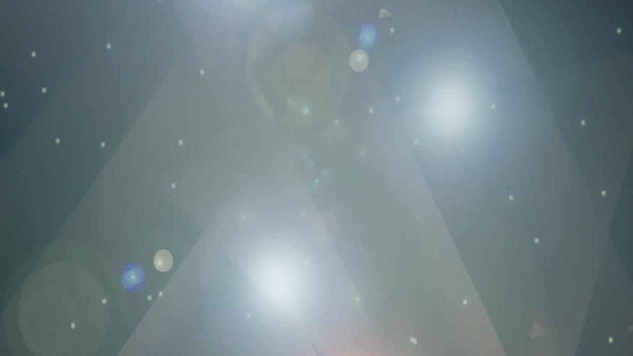 Animation of particles with molecules, flickering light beams and bokeh lights, on dark background