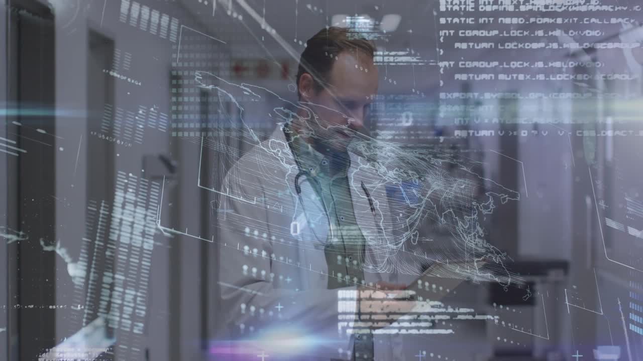 Animasjon av digitalt datagrensesnitt over en mannlig lege