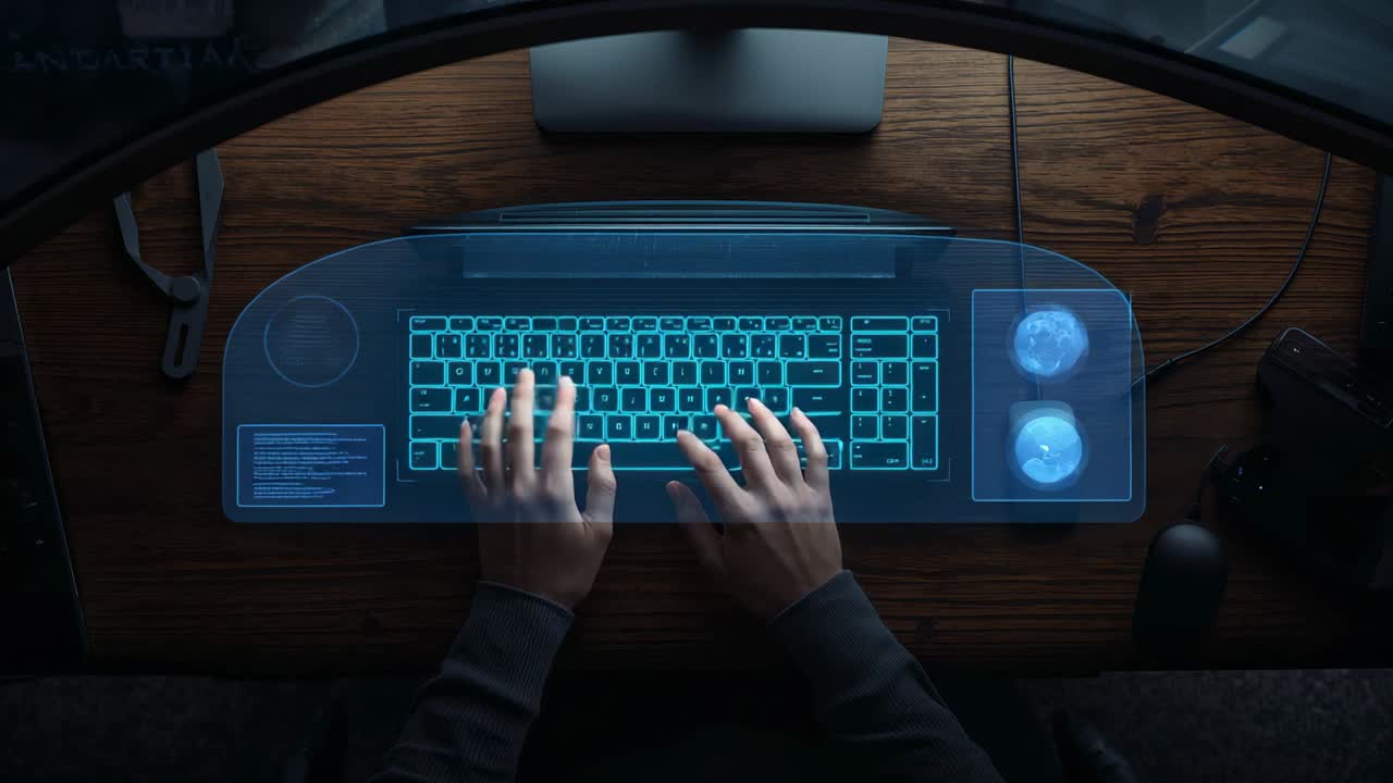 Holo overlay appearing causing hands typing on keys at wood desk, adjusting gauges, in dark sleeves