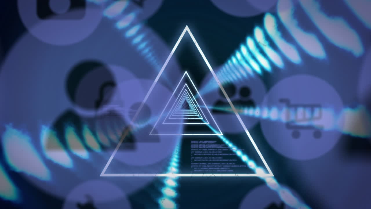 animación de formas triangulares de neón en un patrón sin costuras sobre íconos digitales y procesamiento de datos.
