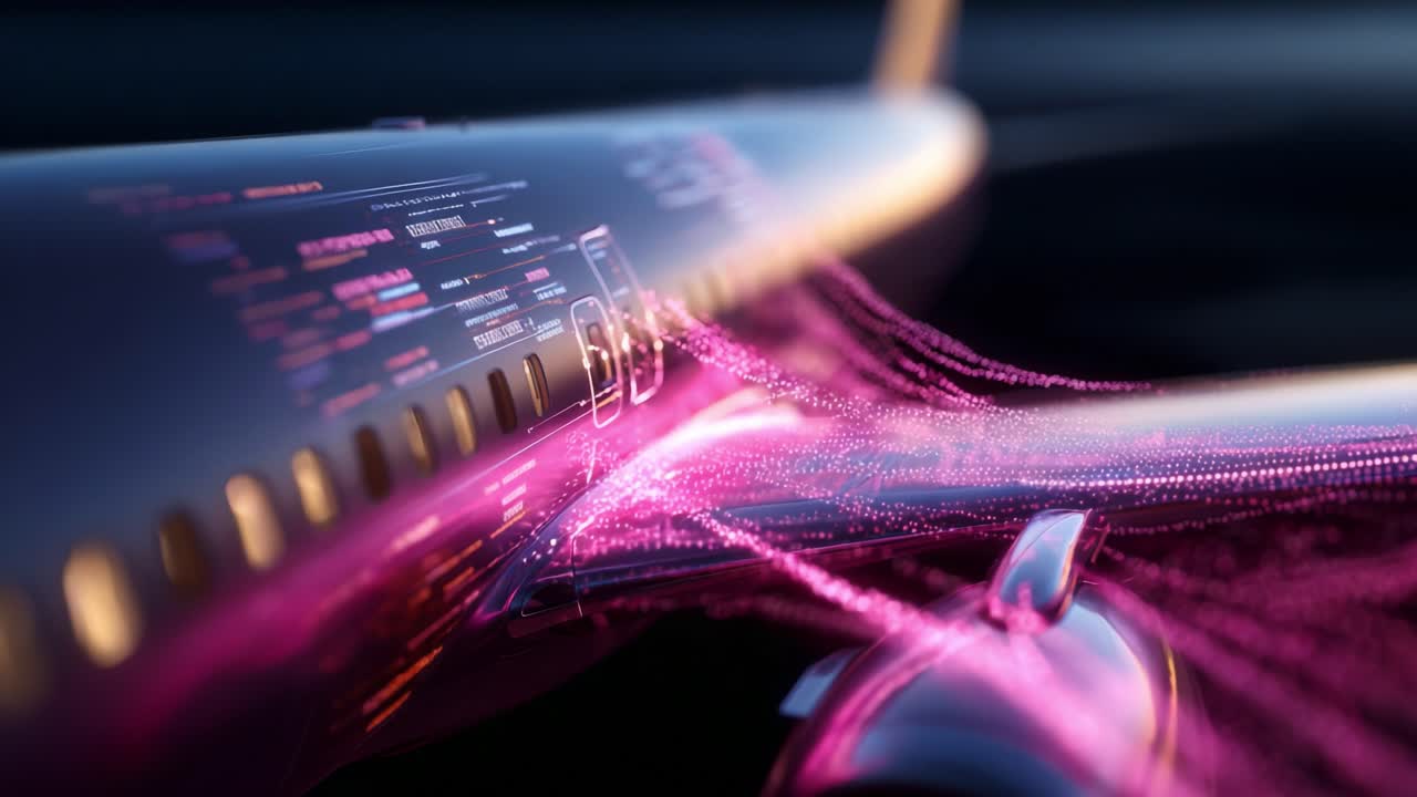 A Futuristic Aircraft Design Showcasing Data Stream Visualization with Dynamic Pink Particle Effects, Highlighting Innovative Technology in Aviation and Aerodynamics
