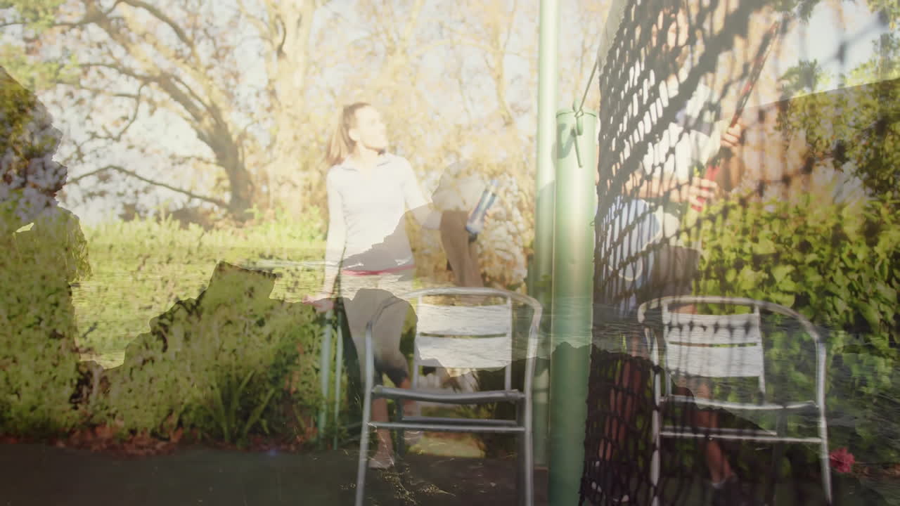 Walking with tennis racket near court, woman in sunlight through trees