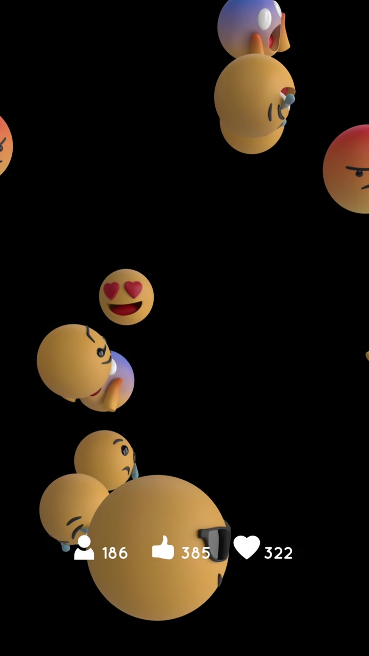 Social media icons with increasing numbers against multiple face emojis floating on black background