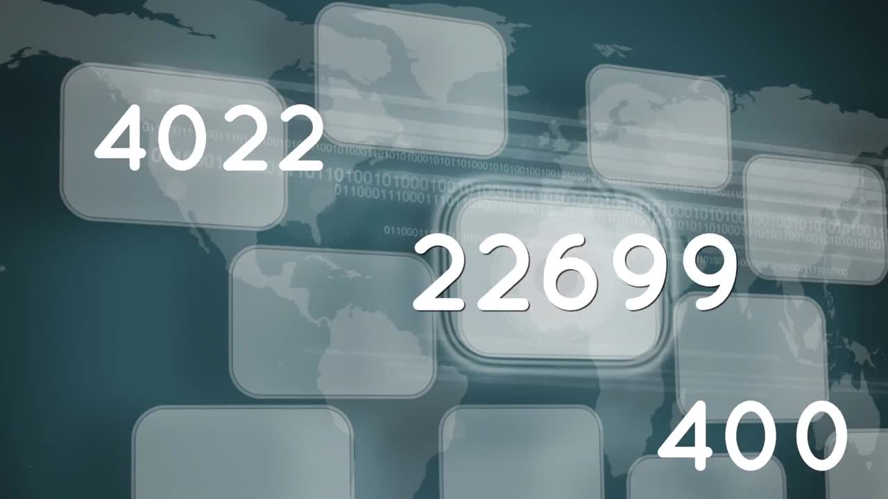 animación de números creciendo sobre el mapa del mundo y filas de pantallas en el fondo.