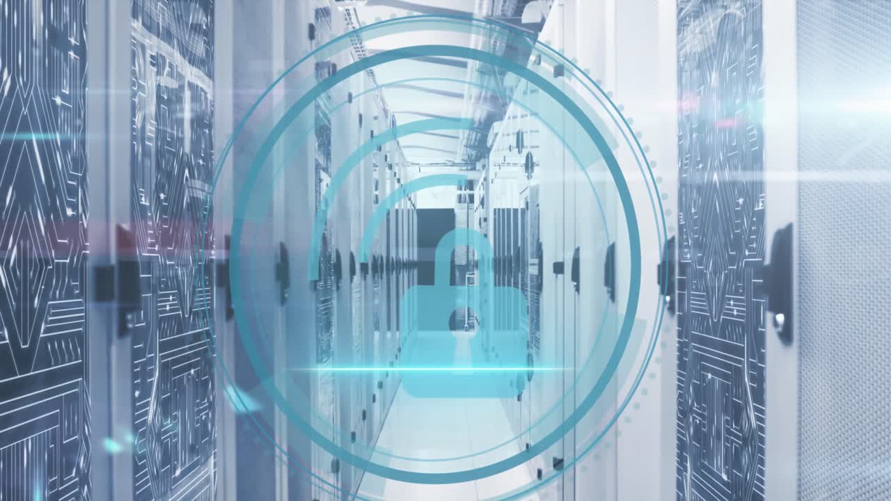 사이버 보안 텍스트, 보안 잠금, 서버 방에 대한 마이크로 프로세서 연결의 애니메이션