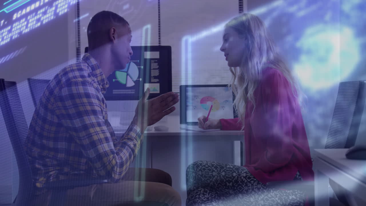 Discussing data analysis, colleagues using animation overlay in office setting