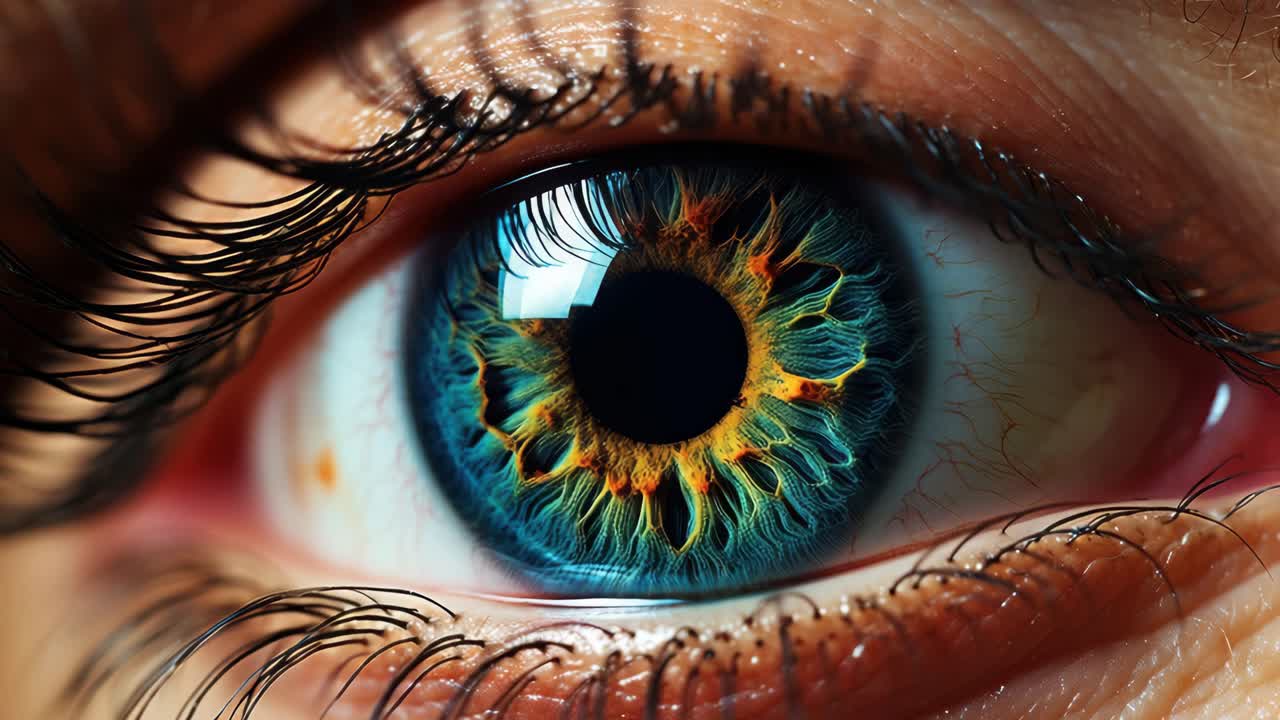 Close-up of a vibrant, colorful eye with intricate iris details, shot from a macro angle