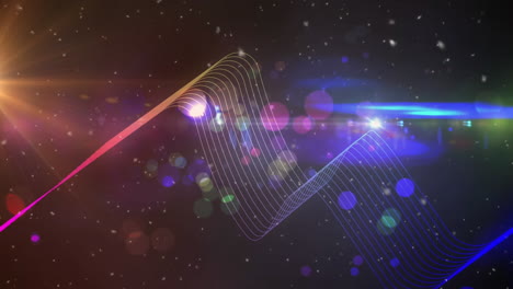 animation of colourful bending parallel lines moving with coloured spots of light, on black