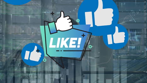 animation of like text with icons and data processing over caucasian businesswoman