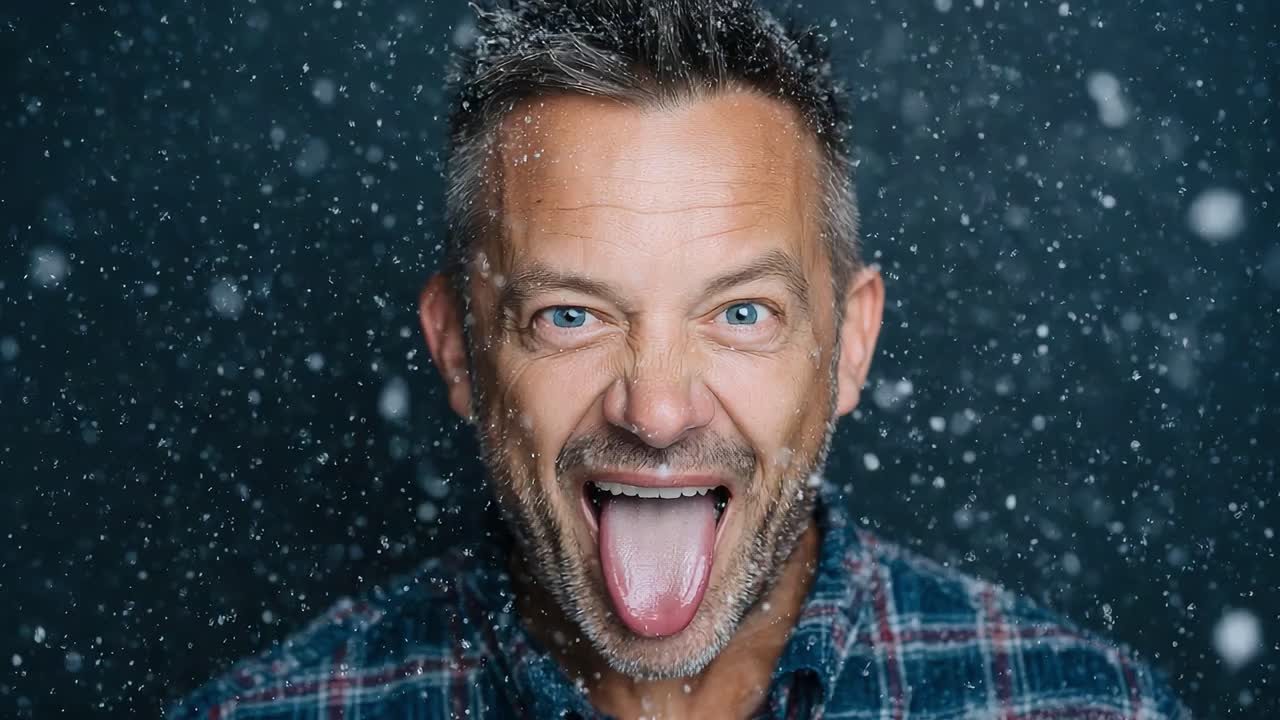 Capturing Joy and Playfulness in a Snowy Scene: A Man Sticking Out His Tongue While Surrounded by Falling Snowflakes, Emphasizing Fun and Vibrancy in Winter