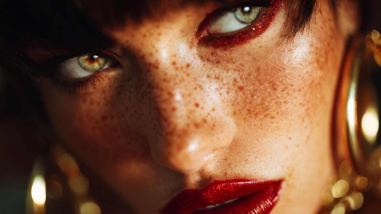 Striking Portrait Featuring Intensely Dramatic Makeup with Bold Red Lipstick and Glittering Eye Shadow, Highlighting Unique Freckled Skin and Captivating Gaze