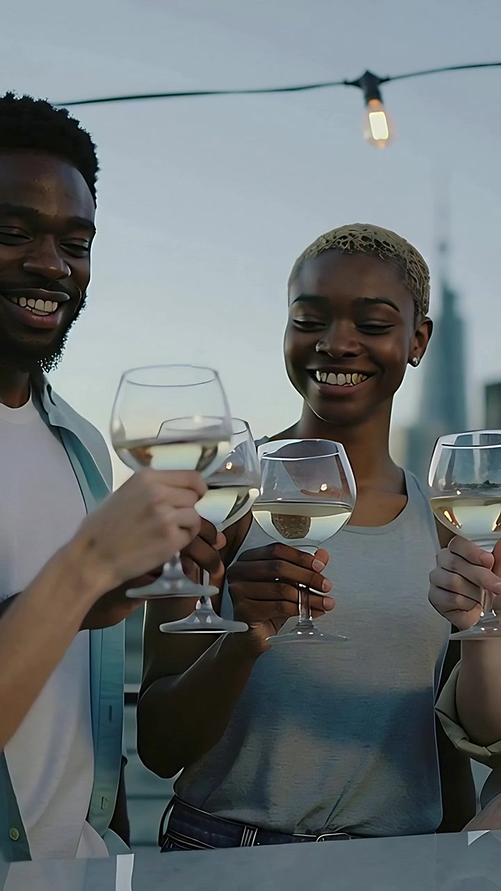 Vertical video: Smiling casual duo toasting friendship when friend raising glass at rooftop