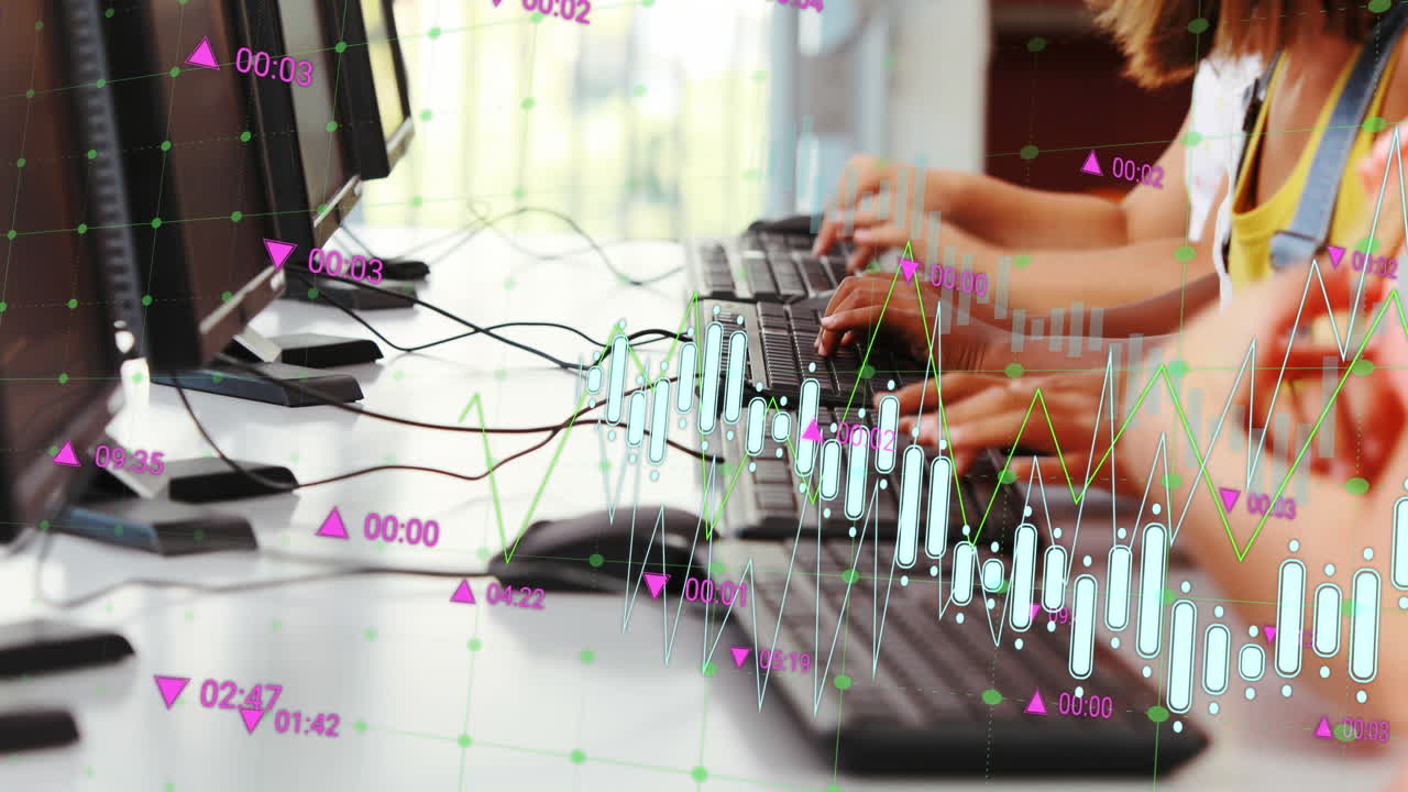 컴퓨터를 사용하는 학교 학생들에 대한 데이터 처리의 애니메이션